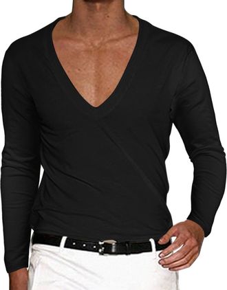 Generic WAZHAKU V-Neck Shirts Mens Long Sleeve Stretch T-Shirt Low Cut Vests Pullover Slim Fit Long Sleeve Shirt Men Jumper Sexy T-Shirts Oversize Sweatshirt 
