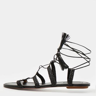 Aquazzura Black Braided Leather Stromboli Gladiator Flat Sandals Size 38.5