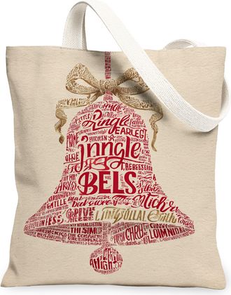Generic Christmas Bell Canvas Tote Bags, Holiday Print Reusable Grocery Bags, Winter Linen Lightweight Washable Shoulder Strap Canv, Beige, 13x15 Inch