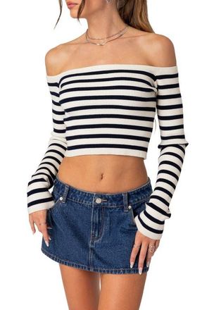 Edikted Miranda Stripe Rib Off the Shoulder Long Sleeve Knit Crop Top in Mix at Nordstrom, Size Medium