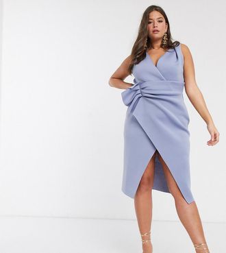 Asos Curve ASOS DESIGN Curve plunge tuck wrap midi dress in duck egg-Blue