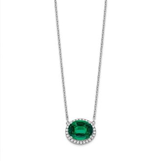 Diamond2Deal 14k White Gold Oval Created Emerald and Diamond Halo Pendant Necklace