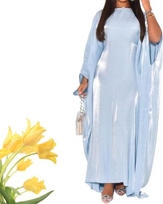 Generic Butterfly Abaya Dress for Women, Solid Color Eid Satin Batwing Sleeve, Summer Satin Solid Color Abaya Dresses (Water Blue,One Size)