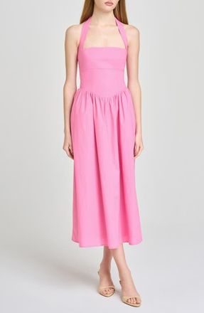 Wayf Camellia Halter Neck Stretch Cotton Midi Dress in Poppy Pink at Nordstrom, Size X-Large