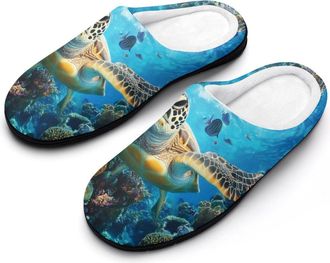 Generic Ocean Turtles Coral Tropical Fish Slippers Men Winter Warm Cotton Anti-Slip Indoor Slip-Ons House Shoes