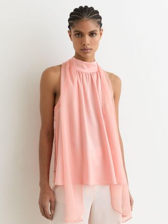 Reiss Pink Satin Sleeveless Scarf-neck Top, 14