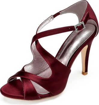 Generic High Heel Sandals Women Bridal Peep Toe Ankle Straps Stiletto Satin Evening Party Prom Wedding Bridal Shoes 10.5Cm,Burgundy,8 UK