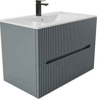 Vente-Unique Mueble de ba&ntilde;o estriado suspendido con lavabo encastrado y grifo - Gris - 80 cm - PAVANI