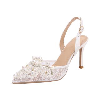 Generic Women Pointed Toe Stiletto High Heels 8.5CM White Lace Tulle Pearls Rhinestones Wedding Evening Party-Numeric_10_Point_5