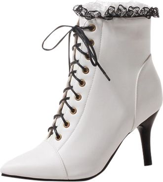 Generic Womens Winter Fashion Pointed Toe High Heel Ankle Boots with Lace Up Design and Side Zipper for Stylish Comfort (White, 4.5)
