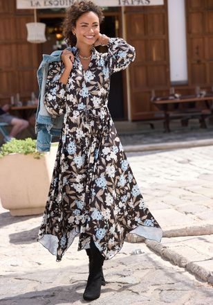 Lascana Midikleid LASCANA, Damen, Gr. 34, N-Gr, bunt (schwarz, braun, blau bedruckt), Jersey, Obermaterial: 95% Polyester, 5% Elasthan, bedruckt, figurumspiel