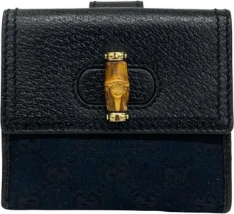 Gucci Black Leather Canvas Bamboo Wallet (Bi-Fold) (Pre-Owned)