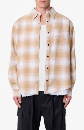 mnml Oversize Plaid Double Layered Cotton Flannel Snap-Up Overshirt in Tan at Nordstrom, Size Xx-Large