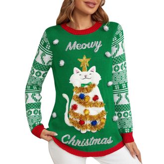 Generic Womens Christmas Jumpers Funny Cute Cartoon Cat Embroidered Xmas Sweater Fall Winter Colorful Hairball Ugly Christmas Sweater for Women Men Family Mat