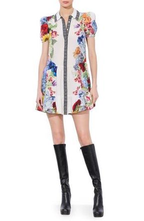 Alice & Olivia Claire Placed Floral Tiered Mini Shirtdress in Garden Brunch Off White at Nordstrom Rack, Size Small