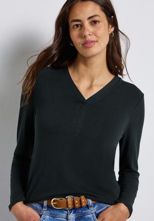 Street One Langarmshirt STREET ONE, Damen, Gr. 38, gr&uuml;n (evernight gr&uuml;n), Jersey, Obermaterial: 95% Viskose, 5% Elasthan, unifarben, regular fit normal, V-Aussch