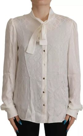 Dolce & Gabbana White Patterned Silk Ascot Collar Blouse Womens Top (Pre-Owned)