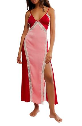 Free People Some Kind of Love Lace Trim Open Back Nightgown in Sweetie Pink Combo at Nordstrom, Size X-Large