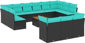vidaXL Set De Sof&aacute;s De Jard&iacute;n Y Cojines 14 Pzas Rat&aacute;n Sint&eacute;tico Negro Vidaxl