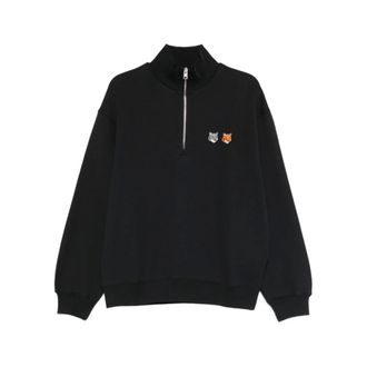 Maison Kitsun&eacute; Zip-throughs, male, Black, Size: S Double Fox Head Half Zip Comfort Sweatshirt