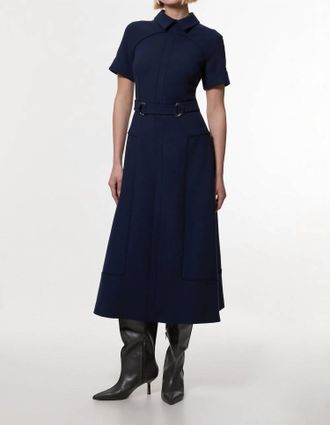 Karen Millen Compact Stretch Tipped Tab Detail Full Skirted Midi Dress In Navy