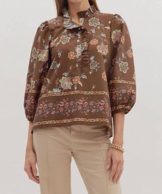 Entro Ruffle Neck Shirt In Brown/pink Floral