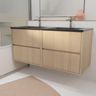 Aurlane Mueble Ba&ntilde;o 120 Cm Roble Claro 4 Cajones + Doble Lavabo Negro