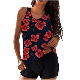 Generic 2 Piece Tankini Sets for Women Swimming Costume Floral Printed Tankini Top with Swim Trunks High Waist Boyleg Swimsuit Ladies Athletic Swimwear Set Tu