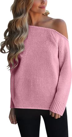 Generic Off Shoulder Pullover Sweater Soft Casual Loose Fit Knitted Top for Fall Winter Everyday Wear Comfortable Yarn Pink