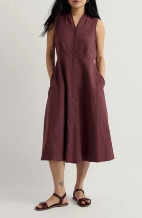 Seasalt Cornwall Carved Wood Sleeveless Linen Midi Dress in Cacao at Nordstrom, Size 10