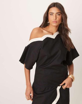Never Fully Dressed contrast off-shoulder asymmetric top in black - part of a set