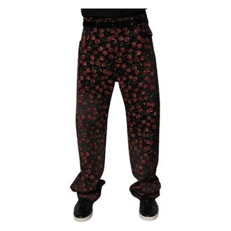 Dolce & Gabbana Straight Jeans, male, Black, Size: M Cherry Print Cotton Straight Jeans