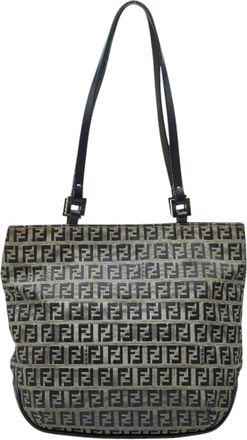 Fendi Gray Navy Canvas Leather Handbag Shoulder Bag Tote Bag (Pre-Owned)