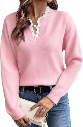 Generic Jumpers for Women Casual Long Sleeve Tops V Neck Knit Pullover Sweater Fashion Lace Trim Lightweight Tunic Shirt Elegant Soft Warm Tunics Cosy Blouse 