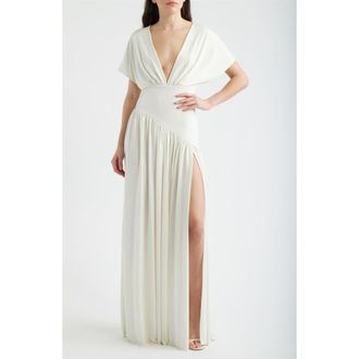 Delfi Plunge Neck Side Slit Gown in White at Nordstrom, Size X-Large