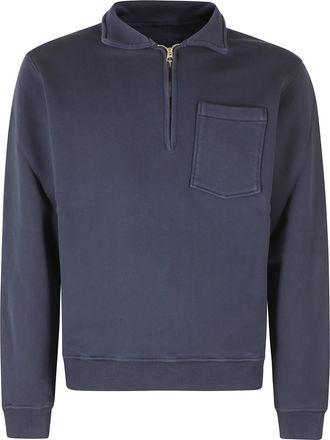 Fortela Blue Classic Collar Golden Zip Cotton Fleece Sweatshirt