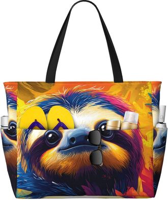 Generic Colorful Sloth Print Large Beach Bag Foldable Travel Shoulder Tote Bag With Pocket For Weekender Pool Vacation