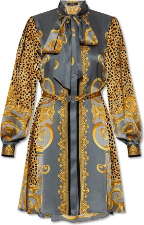 Versace Zijden jurk met taille riem - Dames - Shirt Kleedjes - Veelkleurig - L - Kleedjes