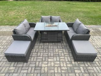 Fimous 8 Seater Rattan Outdoor Garden Furniture Sofa Set Gas Fire Pit Dining Table Gas Heater with Love Sofa 2 Big Footstool in Dark Grey