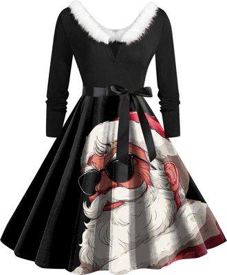 Generic Christmas Dress Women V Neck Long Sleeve Winter Printed Pullover Party Wear Xmas Swing Costume Dresses Womens Christmas Sweatshirt Outfits Swing Dress