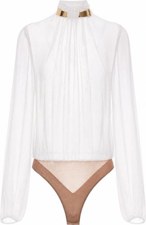 Elisabetta Franchi Ivory Georgette Bodysuit with Statement Jewel Detail