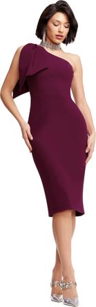 Dress The Population Womens Tiffany One Shoulder Bow Detail Midi Sheath Dress, Dark Magenta, S
