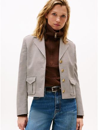 Tommy Hilfiger Womens Houndstooth Gold-Button Military Blazer - Beige - 4