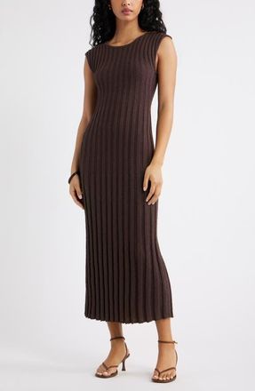 Open Edit Tie Back Cap Sleeve Linen Blend Rib Sweater Dress in Brown Seal at Nordstrom, Size Xx-Small