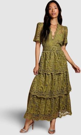 Coast Short Sleeve Tiered Lace Midi Dress in Olive at Nordstrom, Size 6