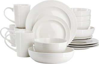Elama Nikki 18 Piece Ribbed White Porcelain Dinnerware and Serving Bowl Set