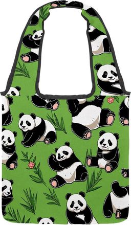 Generic Cute Panda on Green Reversible Canvas Shoulder Tote - Double-Sided Print, 12oz Cotton, 27cm Drop, Fold-Flat Bag for Travel, Shopping, Street Outings