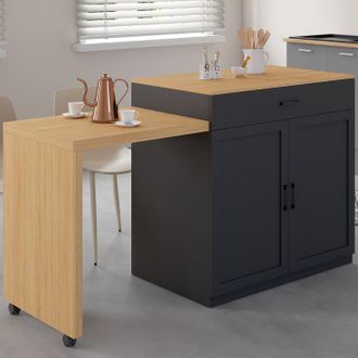 IDMarket Idmarket - Vito 94-155 Cm Isla Central En Madera Negra Con Mesa De Comedor Extensible Integrada En Acabado Haya