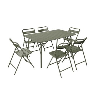Sweeek Set mesa de jard&iacute;n plegable de metal con 6 asientos, verde kaki