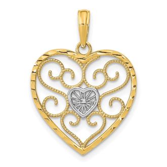 Diamond2Deal 14k Yellow Gold and White Rhodium Filigree Beaded Heart Charm Pendant